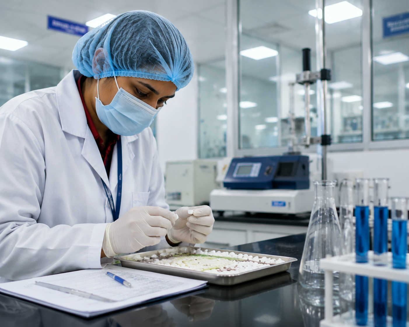 Quality control technician reviewing pharmaceutical tablets
